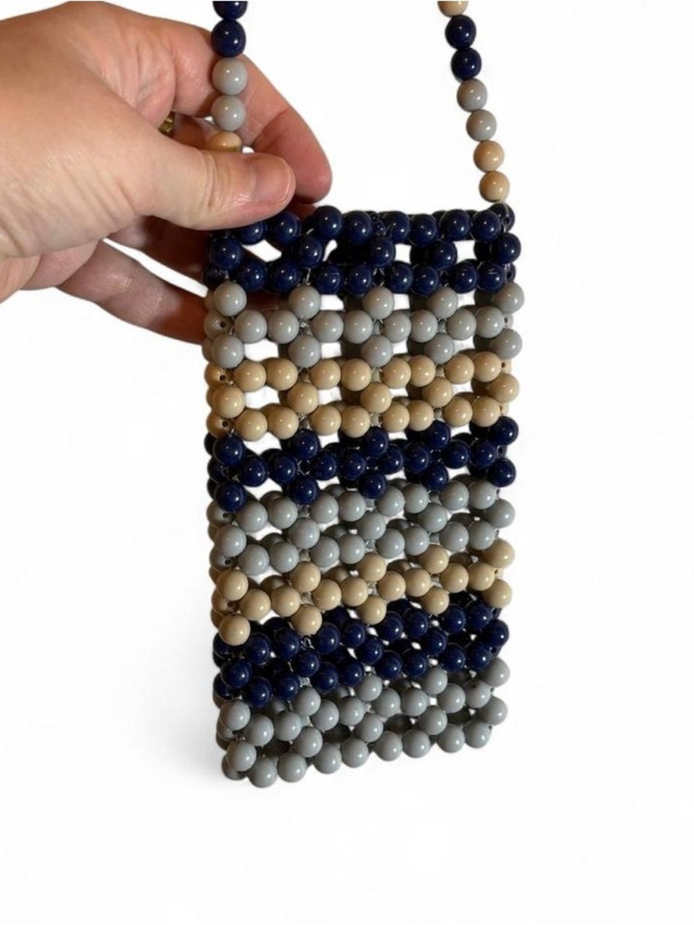 Beaded Phone Crossbody Bag/Phone Case in Navy, Gray & Tan